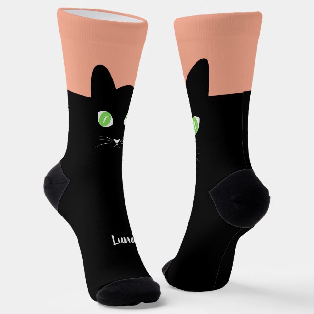 Custom Black Cat Photo Socks with Name - Cat Lover (Angled)
