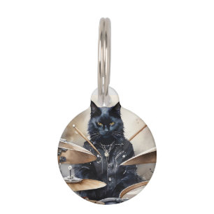 Custom Black Cat Rock Star Drums Leather Jacket Pet ID Tag