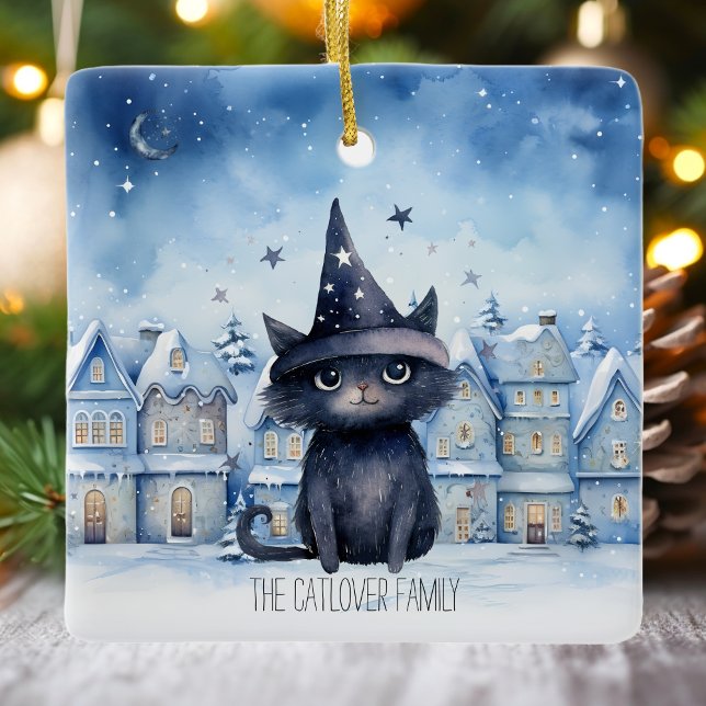 Custom Black Cat Winter Family Christmas Holiday Ceramic Ornament (Blue Magical Wizard Black Cat Watercolor Christmas Ceramic Ornament)