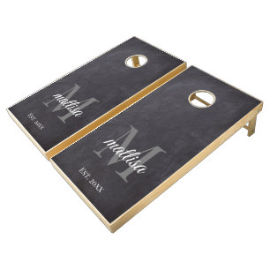 Custom Black Chalkboard Rustic Monogram Wedding Cornhole Set