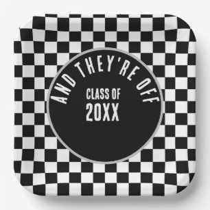 Custom Black Checkered Graduation Party Paper Plates