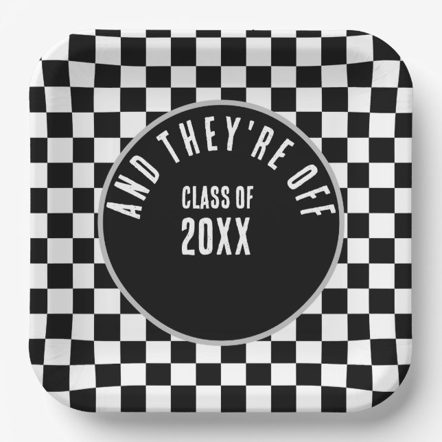 Custom Black Checkered Graduation Party Paper Plates (Front)