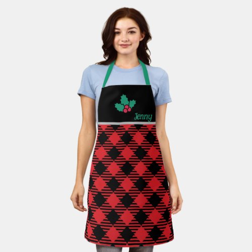 Custom Black Chef Personalized Christmas Red Plaid Apron