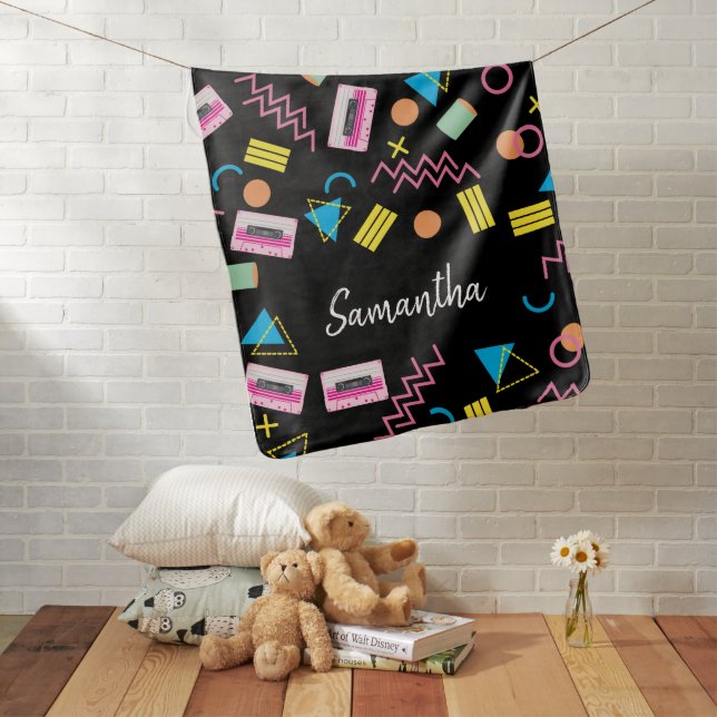 Custom Black Colorful Eighties 80's Retro Pattern  Baby Blanket (In Situ)