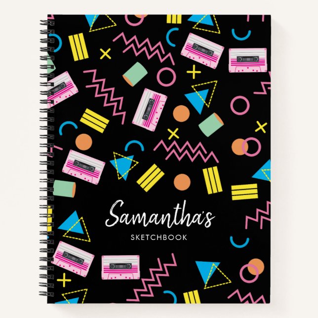 Custom Black Colorful Eighties 80's Retro Pattern Notebook (Front)