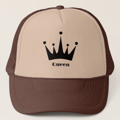 Custom Black Crown Image Queen Text Tan and Brown  Trucker Hat