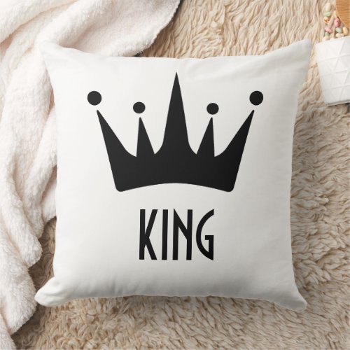 Custom Black Crown King Text White Throw Pillow