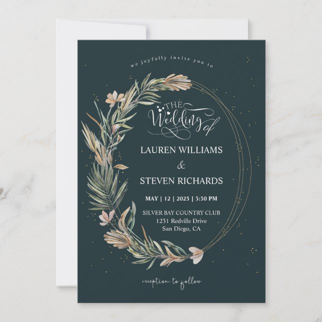 Custom Black Dark Blue Garden Wreath & Rings Invitation (Front)