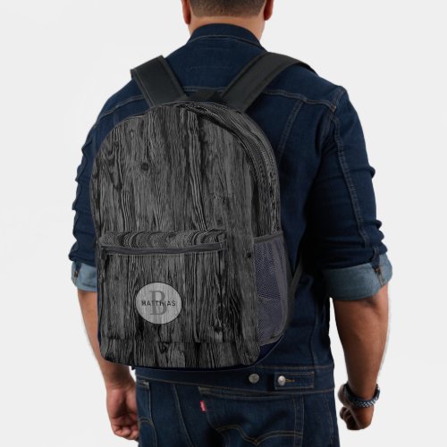 Custom Black Dark Medium Gray Woodgrain Pattern Printed Backpack