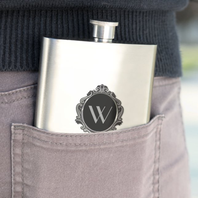 Custom Black Decorative Monogram Plaque Flask (In Situ)