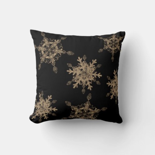 Custom Black Elegant Golden Snow Flakes Throw Pillow