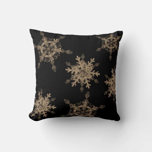 Custom Black Elegant Golden Snow Flakes Throw Pillow (Front)