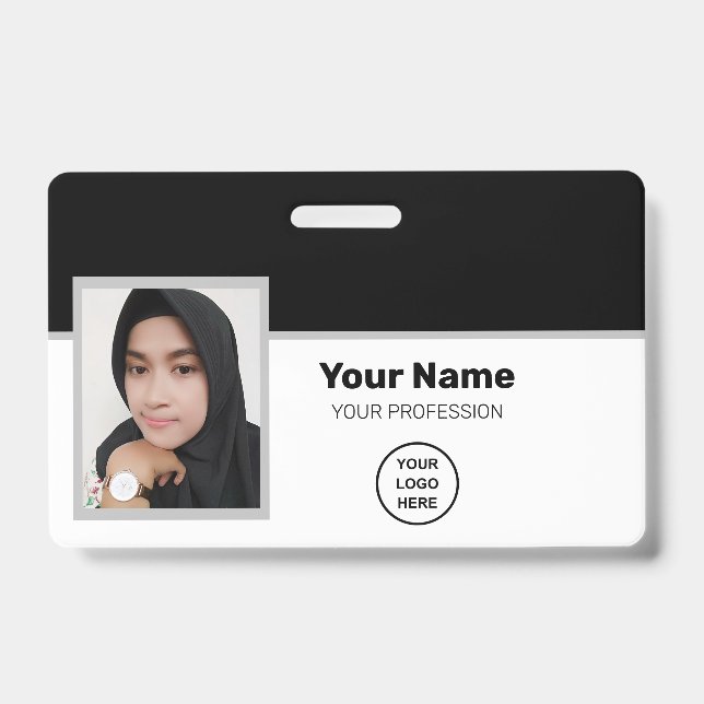 Custom Black Employee: Photo, Bar Code, Logo, Name Badge (Front)