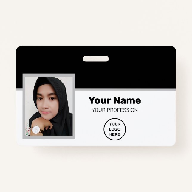 Custom Black Employee: Photo, Bar Code, Logo, Name Badge (Front)