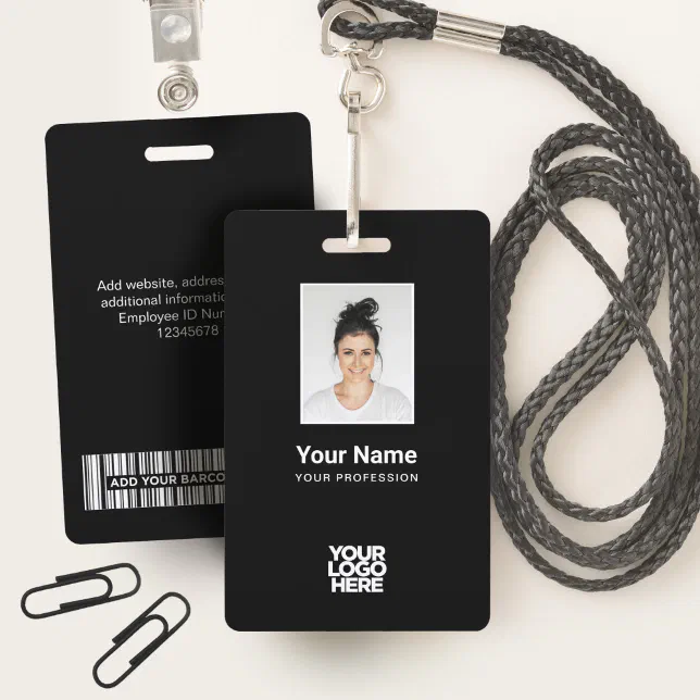 Custom Black Employee Photo, Bar Code, Logo, Name Badge | Zazzle