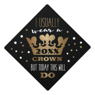 Custom Black Faux Gold Glitter Crown Graduation Cap Topper