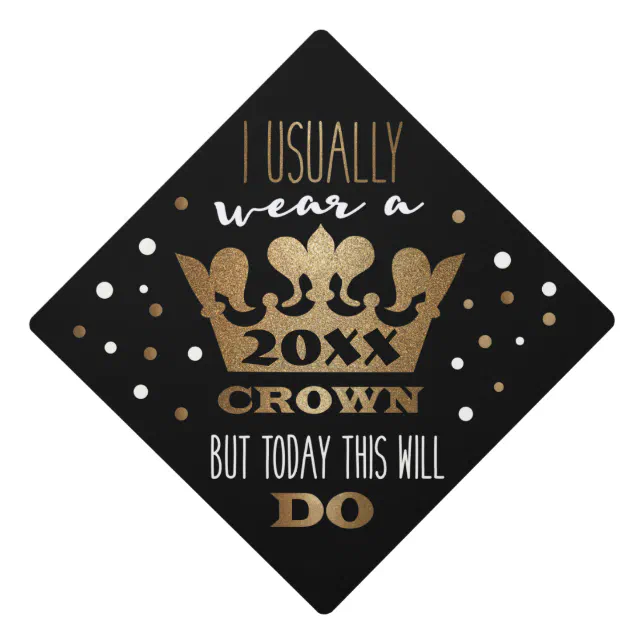 Custom Black Faux Gold Glitter Crown Graduation Cap Topper | Zazzle