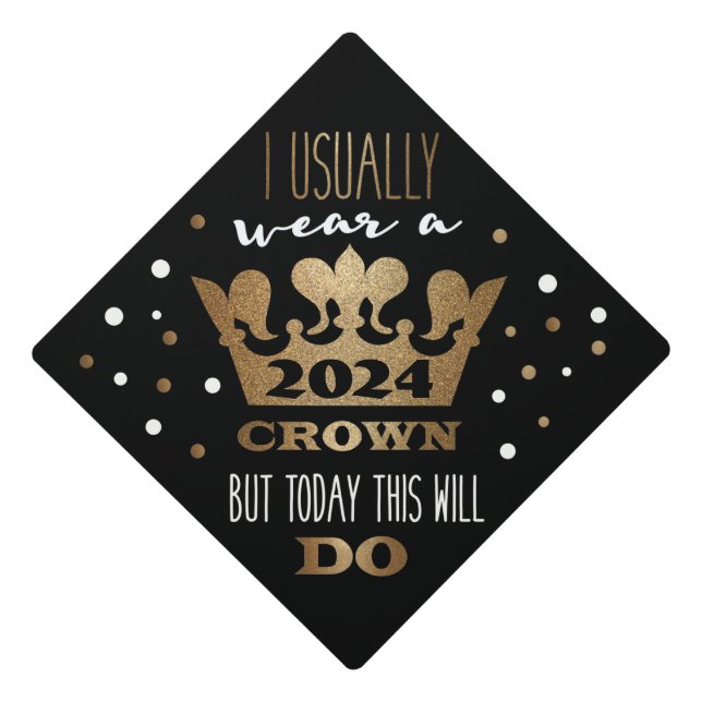 Custom Black Faux Gold Glitter Crown Graduation Graduation Cap Topper (Front)
