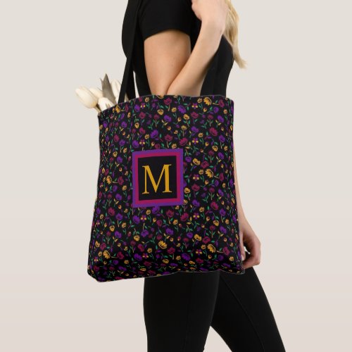 Custom Black Floral Blue Yellow Red Flowers Tote Bag