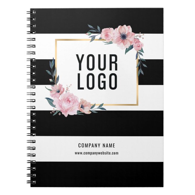 Custom Black Floral Company Logo Promotional Notebook (Front)