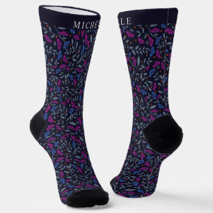Custom Black Floral Dark Purple Blue Flowers Socks