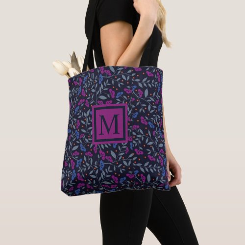 Custom Black Floral Dark Purple Blue Flowers Tote Bag