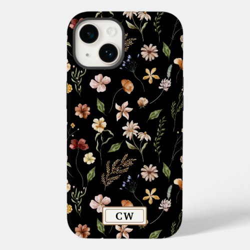 Custom Black Floral Monogram iPhone 14 Phone Case