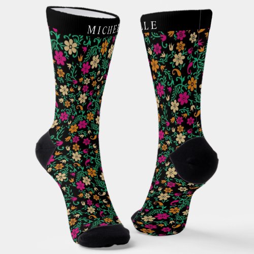 Custom Black Floral Pink Green Flowers Pattern  Socks