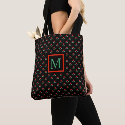 Custom Black Floral Red Rose Flowers Tote Bag