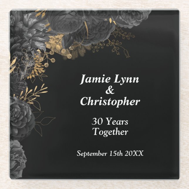 Custom Black Floral Wedding Anniversary Glass Coaster (Front)
