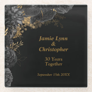 Custom Black Floral Wedding Anniversary Glass Coaster