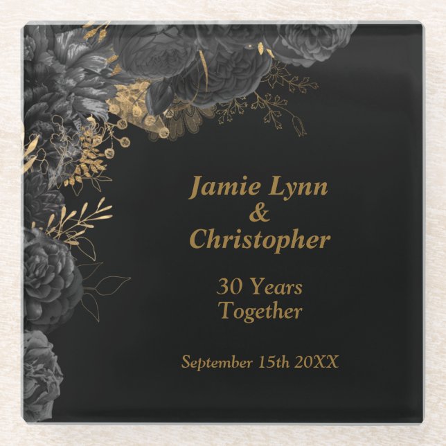 Custom Black Floral Wedding Anniversary Glass Coaster (Front)