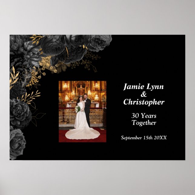 Custom Black Floral Wedding Anniversary Poster (Front)