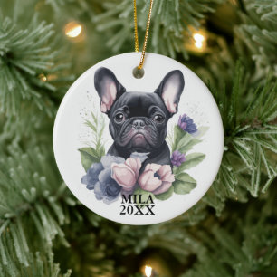 Custom Black Frenchie Pug Dog Watercolor Christmas Ceramic Ornament