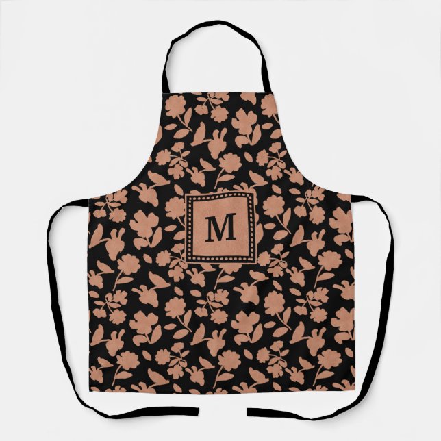 Custom Black Glitter Floral Pattern Monogram  Apron (Front)