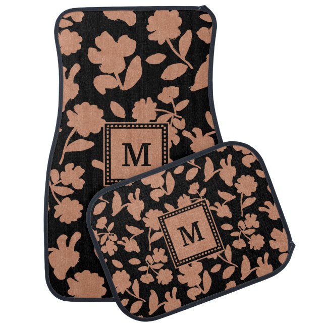 Custom Black Glitter Floral Pattern Monogram Car Floor Mat (Set)