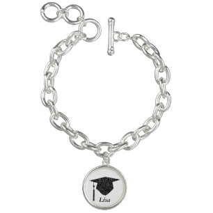 Custom Black Glitter Graduation Cap Charm Bracelet