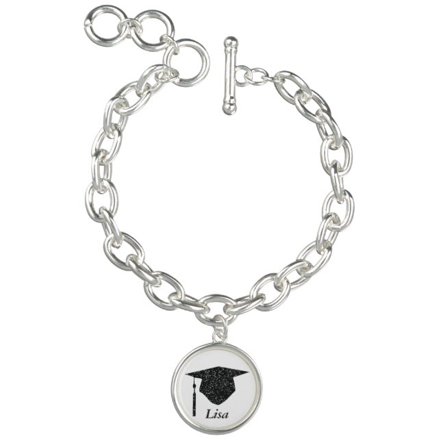 Custom Black Glitter Graduation Cap Charm Bracelet (Product)