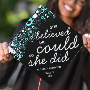 Custom Black Glitter She Believed Graduation Cap Topper