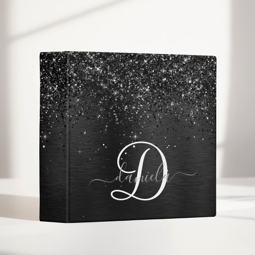 Custom Black Glitter Sparkle Monogram 3 Ring Binder