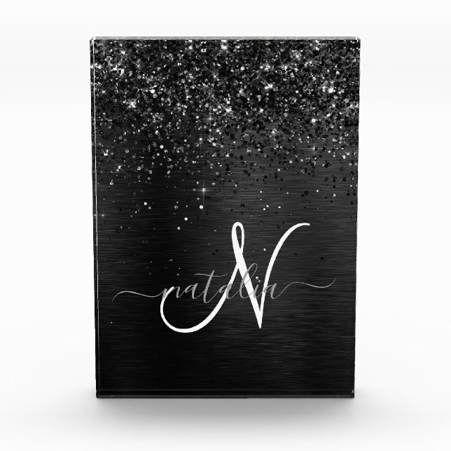 Custom Black Glitter Sparkle Monogram Acrylic Award (Front)