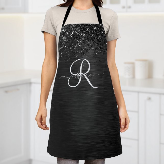 Custom Black Glitter Sparkle Monogram Apron (Creator Uploaded)