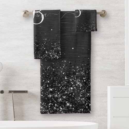 Custom Black Glitter Sparkle Monogram  Bath Towel Set