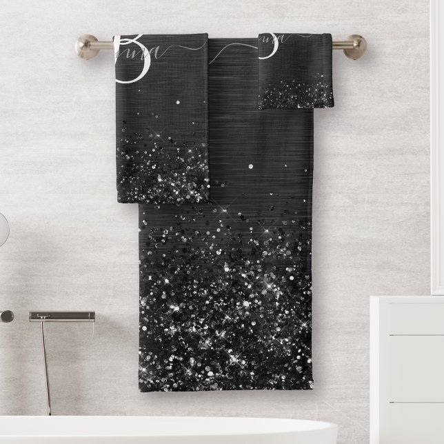 Custom Black Glitter Sparkle Monogram  Bath Towel Set (Creator Uploaded)