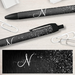 Custom Black Glitter Sparkle Monogram Black Ink Pen