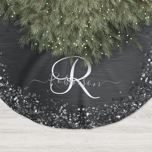 Custom Black Glitter Sparkle Monogram Brushed Polyester Tree Skirt