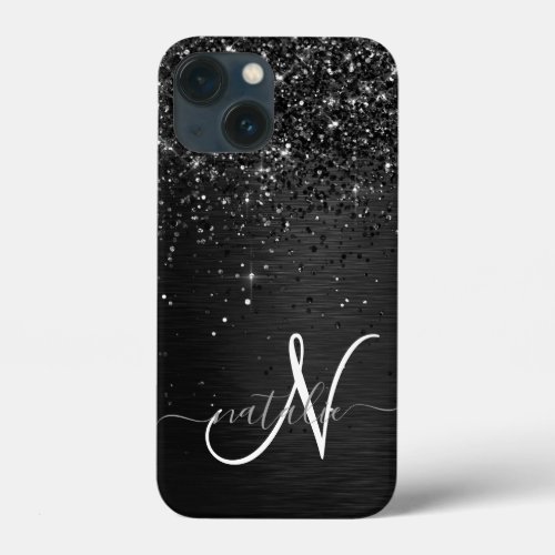 Custom Black Glitter Sparkle Monogram iPhone 13 Mini Case