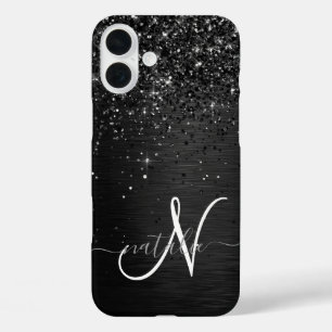 Custom Black Glitter Sparkle Monogram iPhone 16 Plus Case