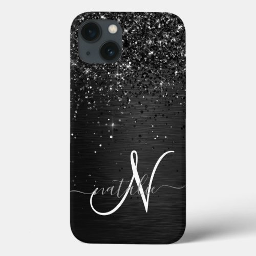 Custom Black Glitter Sparkle Monogram iPhone 13 Case