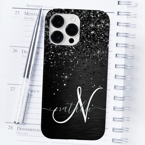 Custom Black Glitter Sparkle Monogram Case_Mate iPhone 14 Pro Max Case